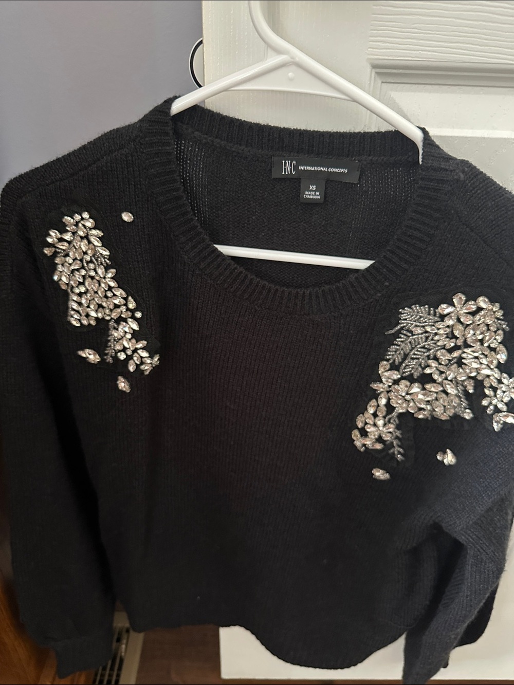 INC International Concepts Black Crystal-Embellished Crewneck Sweater